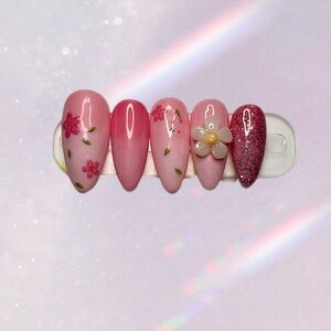 🌸 Pink Blossom 3D Floral Press-On Nails | Soft Girl Spring Set | Handmade 💅